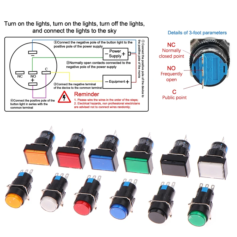 16MM LA16Y/J/F-11 AB6-MR Round Rectangle Self-Reset Push Button Switches Power Switch 1NO1NC