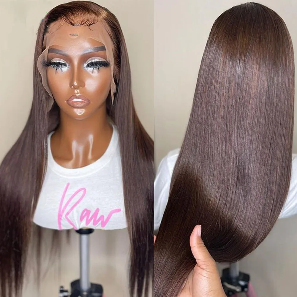 Perruque Lace Front Wig soyeuse préplumée sans colle pour femmes noires, cheveux de bébé lisses, brun doux, 26 pouces de long, densité 180, température de chaleur, 03/3