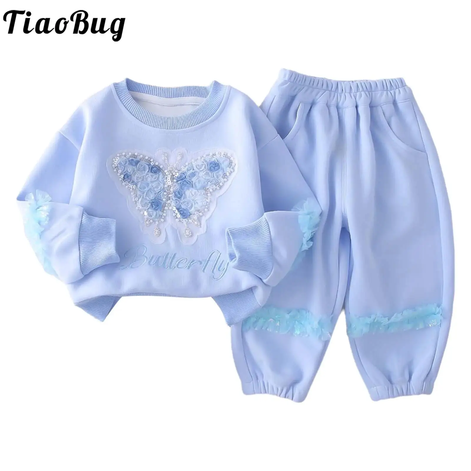 

Toddler Baby Girl Spring Fall Clothes Cute Ruffles Long Sleeve Butterfly Flower Pullover Sweatshirt with Pants School Daily Wear