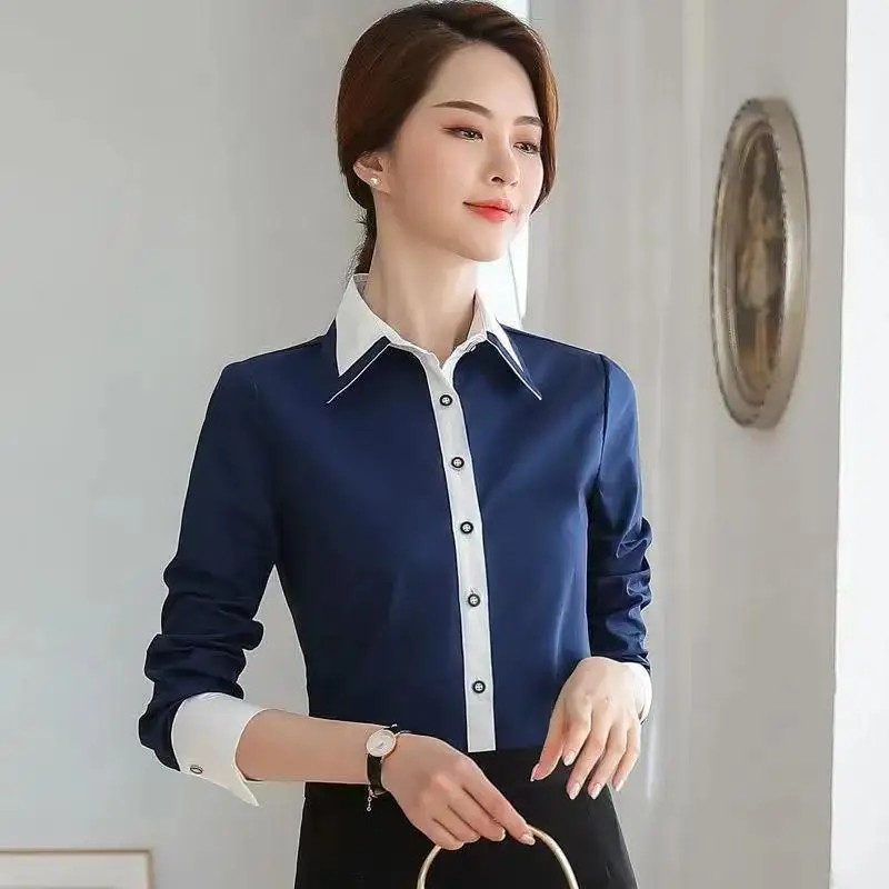 Temperament Blue and White Contrast Shirt Tops Spring Long Sleeve Polo Neck Slim All-match Blouse Fashion Elegant Women Clothes