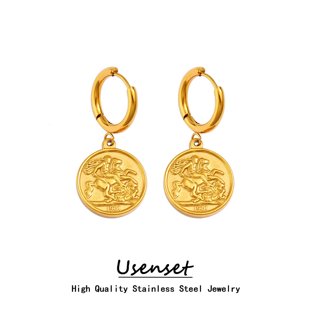 USENSET Popular England's Round Old Coin Textured Stainless Steel Dangle Earrings Charm Statue of Elizabeth Saint George