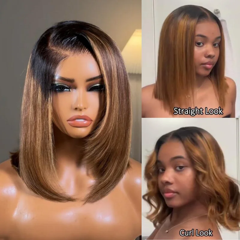 Klaiyi Honey Brown Piano Highlight Bob Wig with Dark Roots 7x5 Bye-Bye Knots Wig Flash Sale