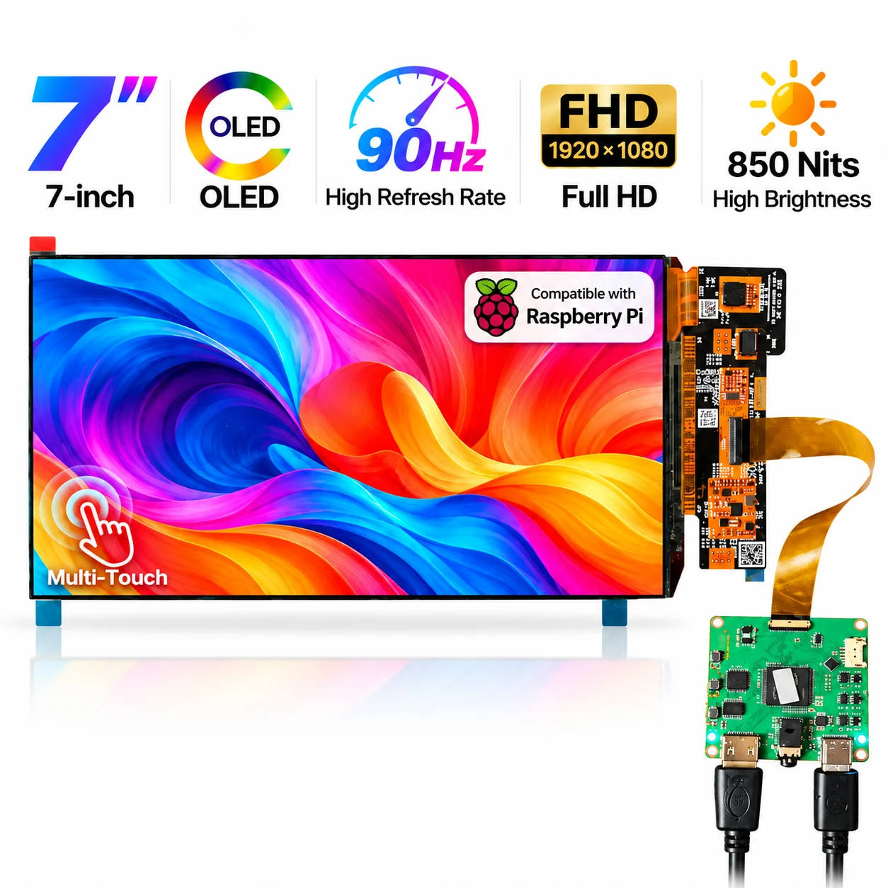 7 Inch 120Hz OLED Gaming Touchscreen 1920x1080 FHD 850 Nits Display for Raspberry Pi PC