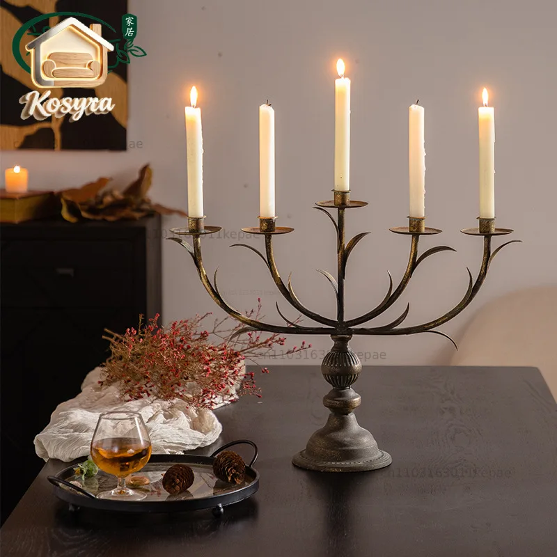 Lush foliage five-headed candle holder Nordic antique wrought iron candle holder decoration restaurant romantic candlelight