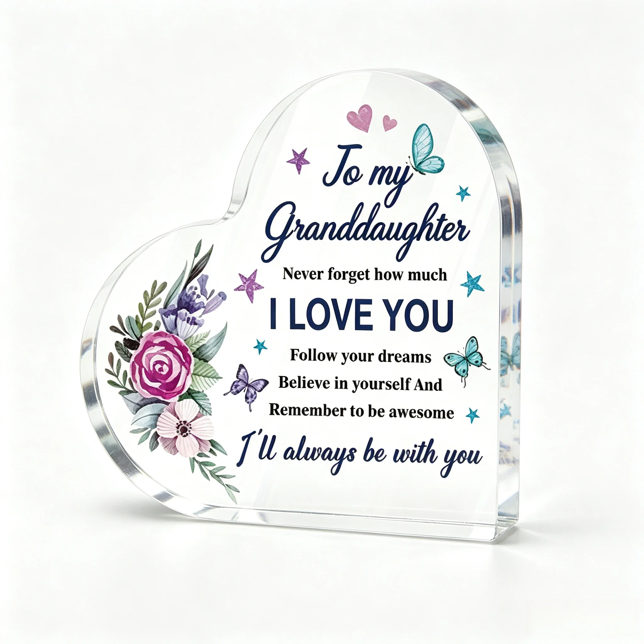To My Granddaughter Heart‑Shaped Acrylic Plaque, Purple Rose Floral Butterfly Inspirational Keepsake Gift