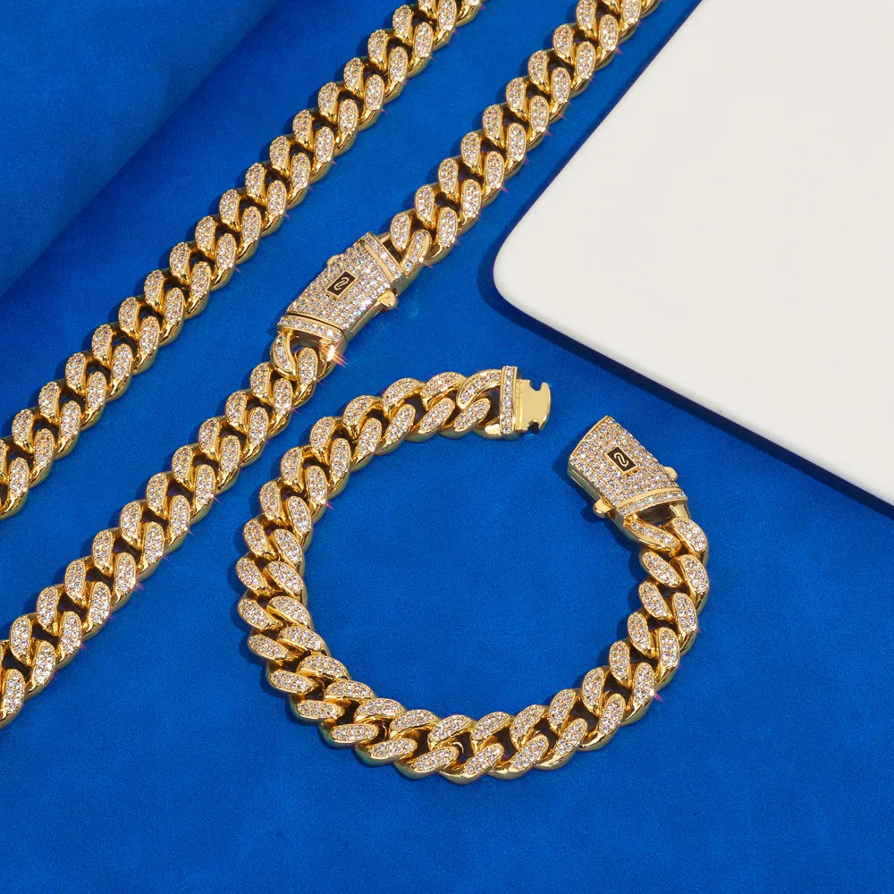 

Luxury 24K 9999 Pure Gold real gold Men's European and American hip-hop 12mm double-row diamond Cuban chain Moroccan necklace