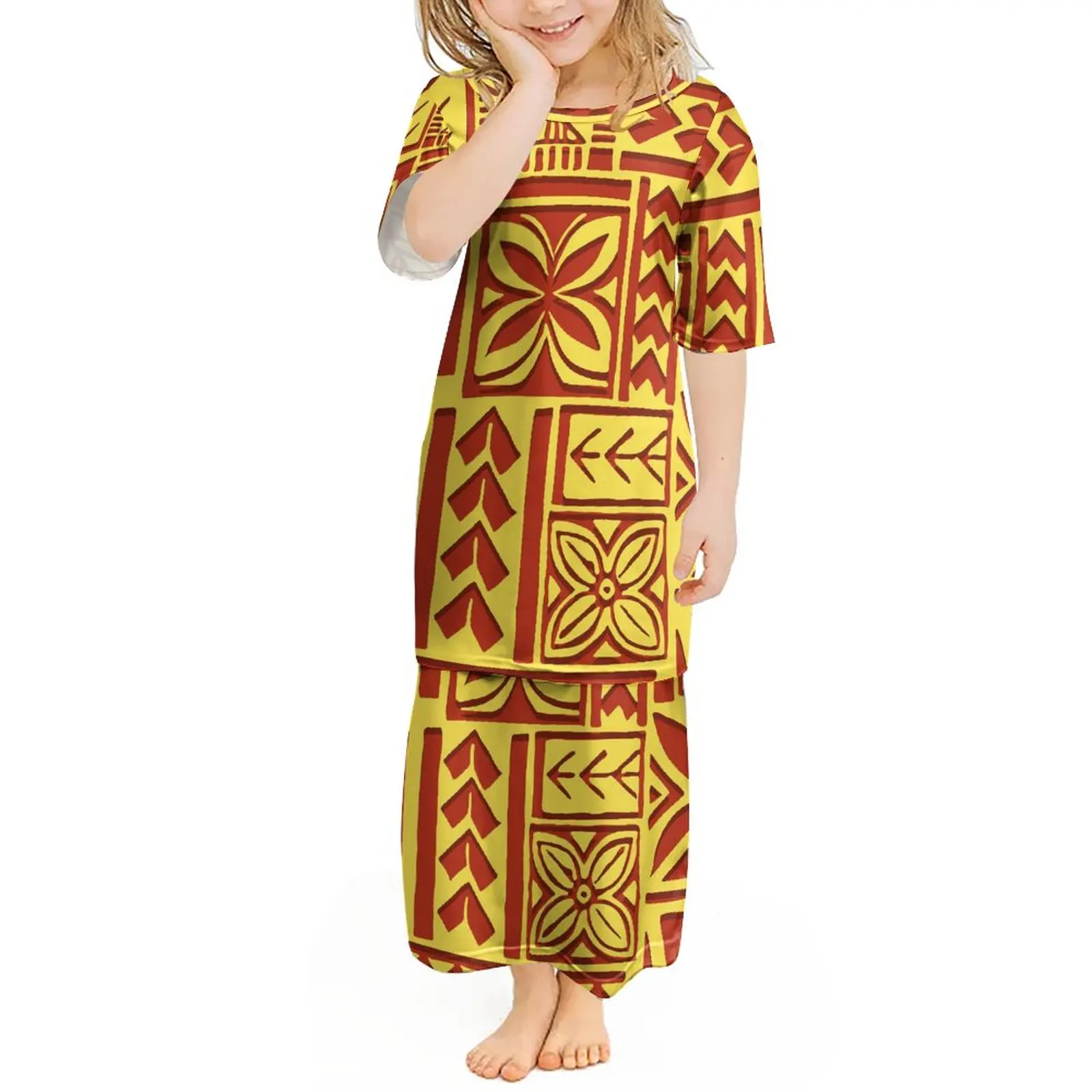 Polynesian Tribal Tapa Samoa Traditional Dresses Kids Puletasi Ptaha Girls Top Skirt Two Piece Set Dress Children Clothes Custom