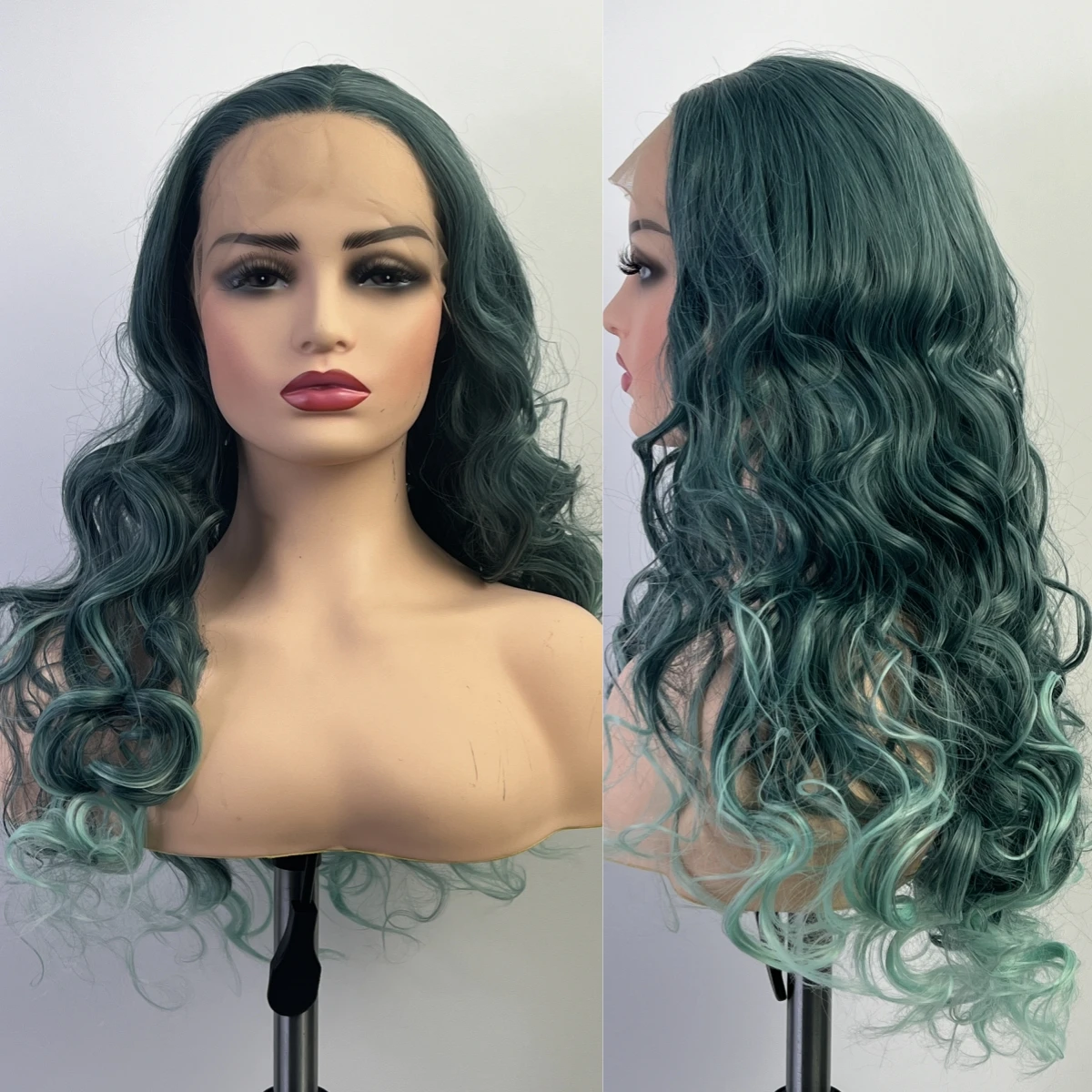 Oley Green Synthetic Lace Front Wig Light Green Tail Long Wave Wig Natural Interhair Line High Quality High Cost-Effectiveness