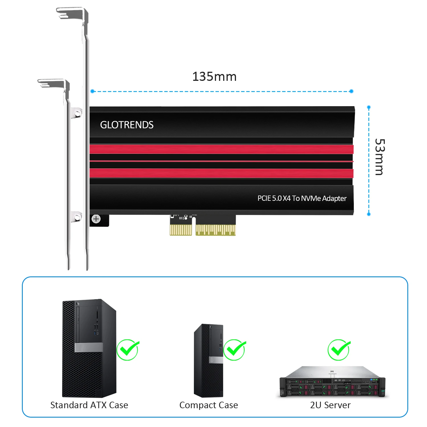 GLOTRENDS PA19 M.2 NVMe - PCIe 5.0 x4 アダプター (M.2 NVMe SSD用)、大型アルミ製ヒートシンクカバー、通常および薄型ブラケット付き