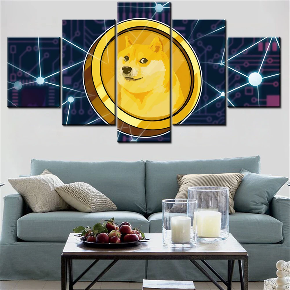 

5 Pieces Canvas Wall Arts Poster Painting Technology Dogecoin Cryptocurrency Wallpaper Home Decor Picture Printing Artwork
