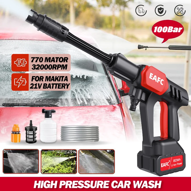 100Bar Cordless High Pressure Car Washer Portable Car Washing Cleaner Electric Water Gun Foam Generator With Makita 21V Battery