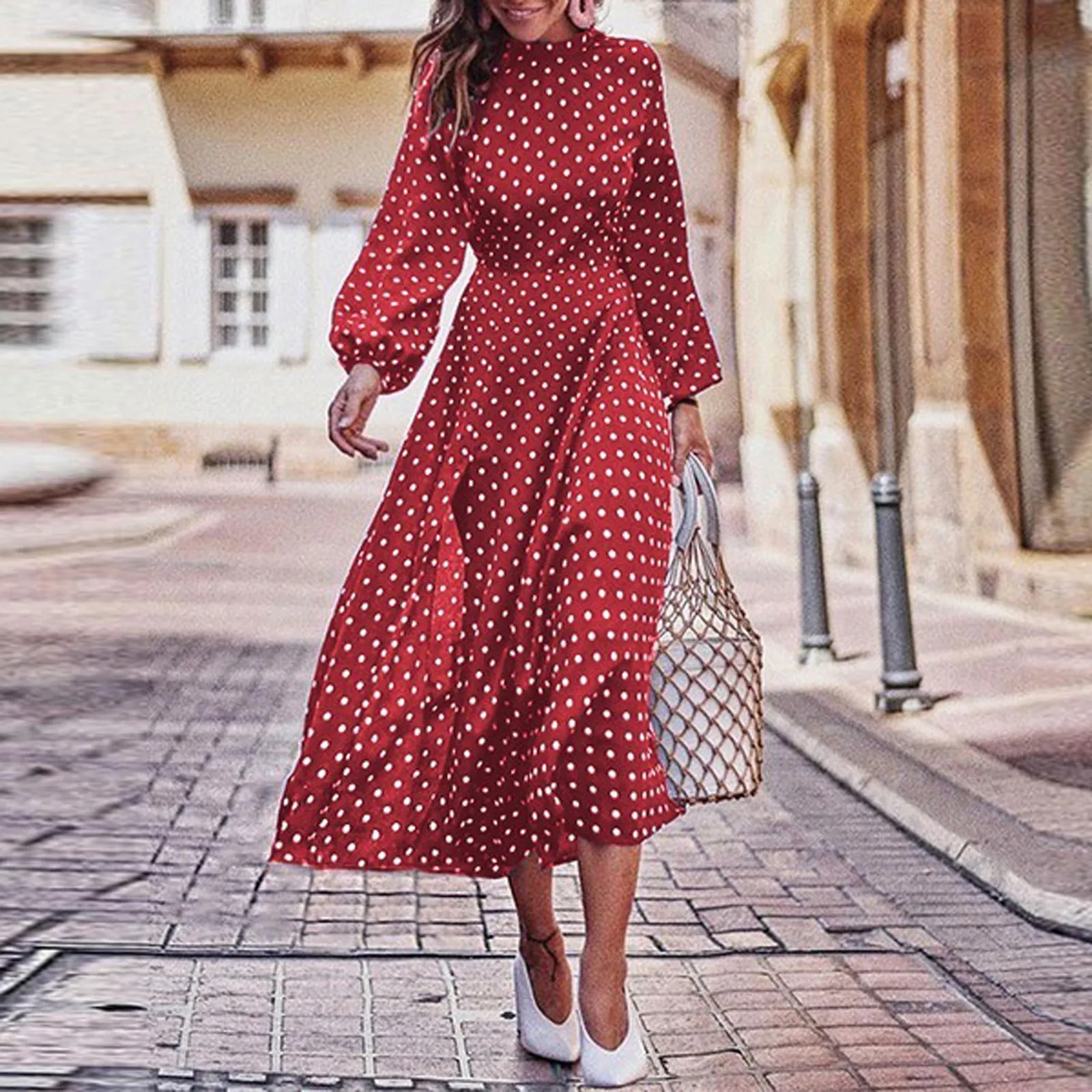 Women'S Casual Rayon Summer Dress Fashion Round Neck Polka Dot Long Sleeve Irregular Hem Dresses Elegant Outwear  Ropa De Mujer