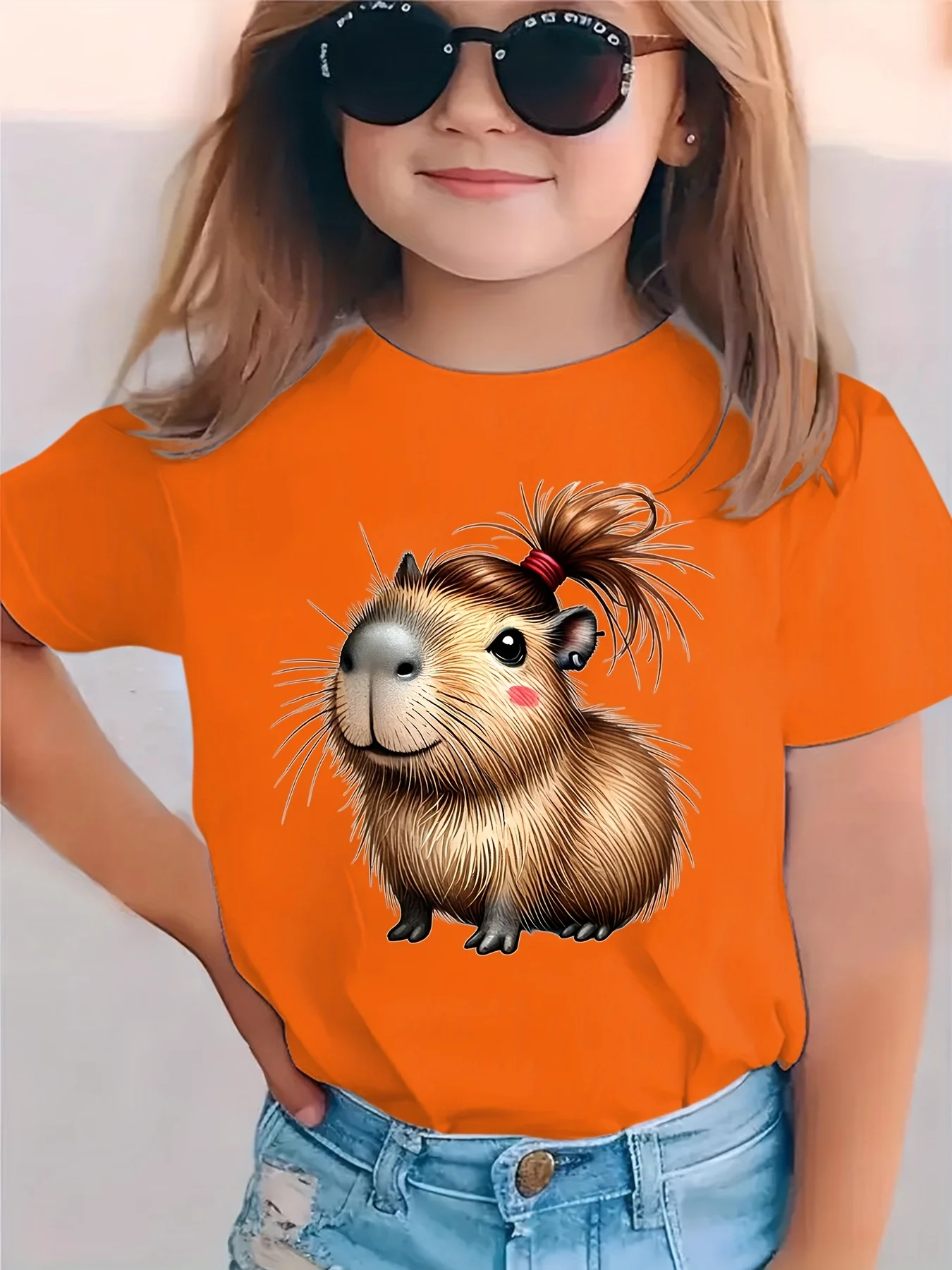 Summer Fashion Children's Daily T-shirt with Small Braids and Capibala Cartoon Pattern Printed Casual Parent-child Top