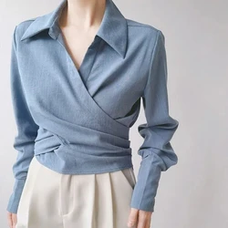 Deconstructing Aesthetic Blue French Cross Waist Shirt Women's V-neck Commuter Shirt Design Sense Long Sleeves Blouses Shirts