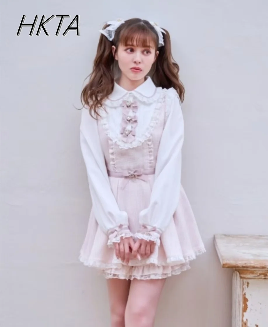 

Japanese Mass-produced Bow Woolen Dress Shorts Set 2025 Spring New Sweet Doll Collar Long-sleeved Liz Dress Women Two-piece Set