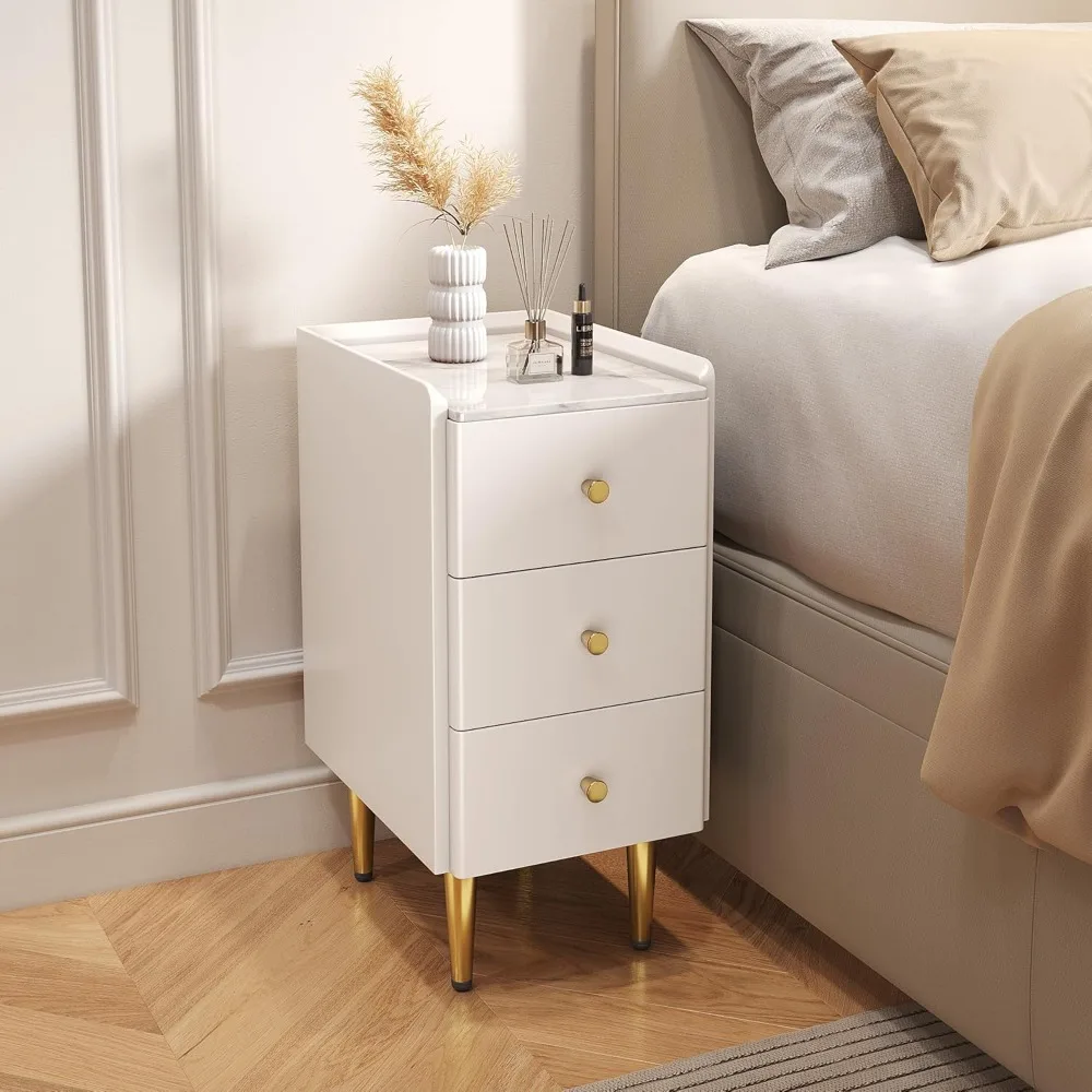 

slim 11.8" 3-drawer wooden nightstand - white and gold modern minimalist bedside table for compact spaces