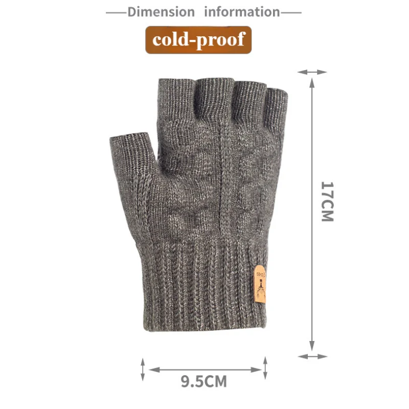 Winter Gloves For Men Half Finger Writting Office Cycling Knitted Gloves Students Alpaca Wool Warm Thick Elastic Driving Gloves