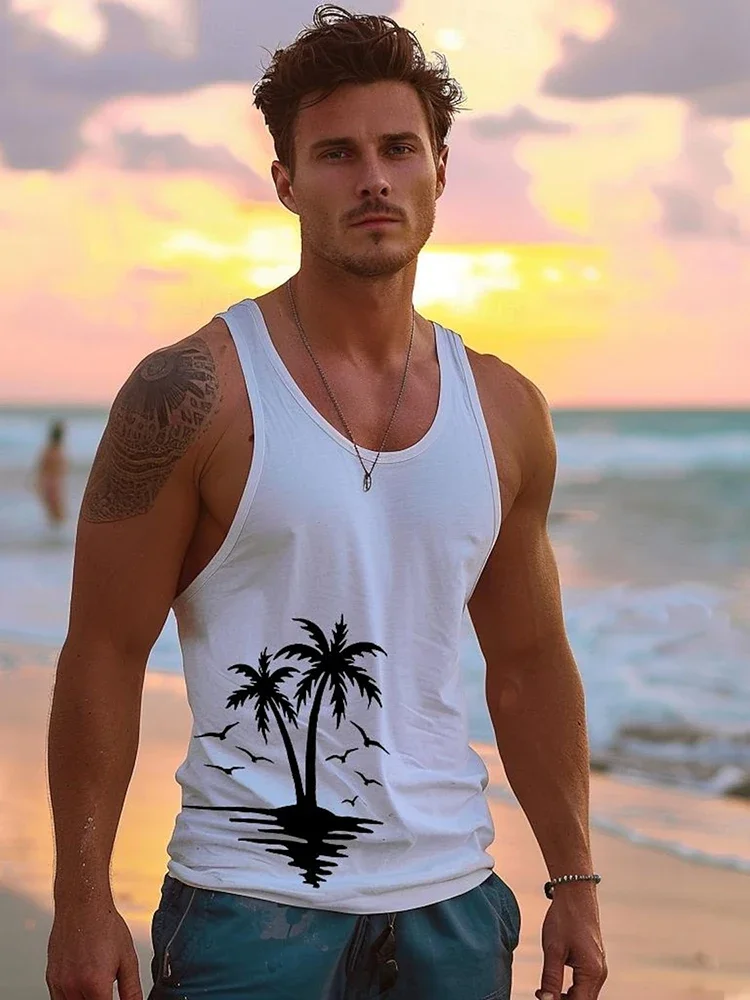 Summer Beach Party Men's Sleeveless T-shirt Hawaiian Men's Casual Tank Top Outdoor Sports Breathable Tank Top Coconut Tree Print