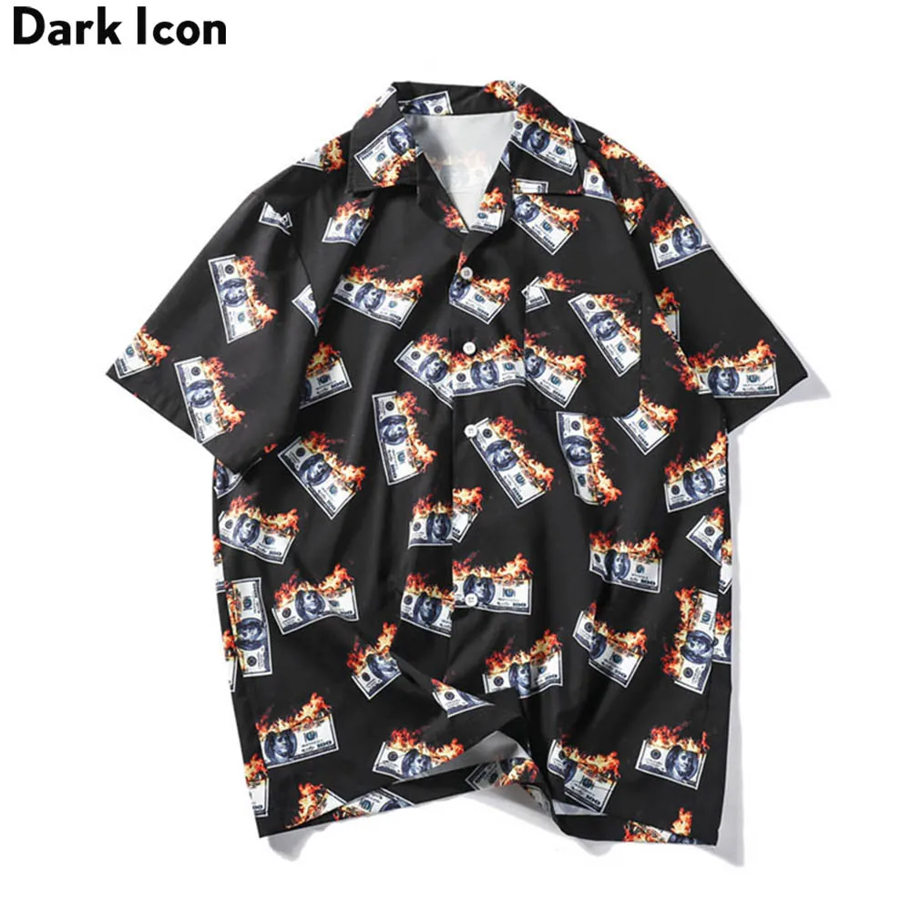 Dark Icon Flame Dollar Button Down Men\'s Shirt Summer Vintage Street Shirts Man Clothes Black