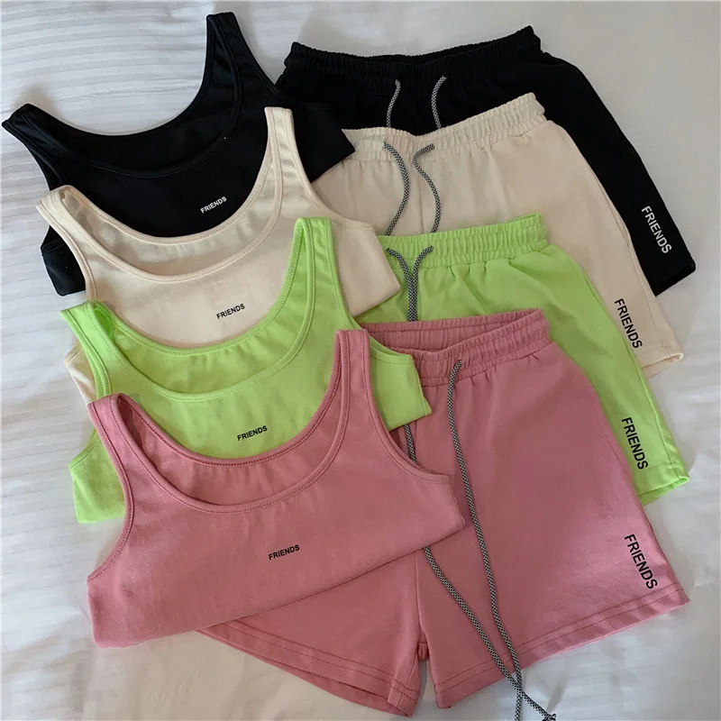 2pcs Summer Women Clothing Sets Sleeveless Vest+Shorts Sports Suit Solid Color Gym Clothing Sportswear Casual Tracksuit Women