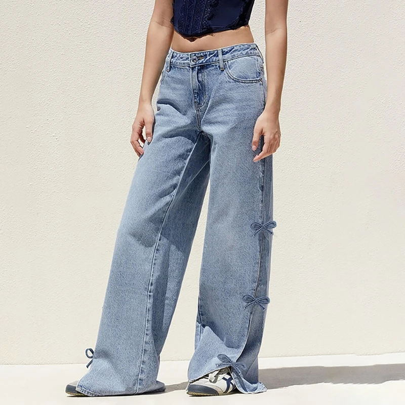 

Ladies Loose Jeans Trousers Low Waist Wide Leg Casual Pants Bowknot Ornament Slit Streetwear Breathable Trousers 066C