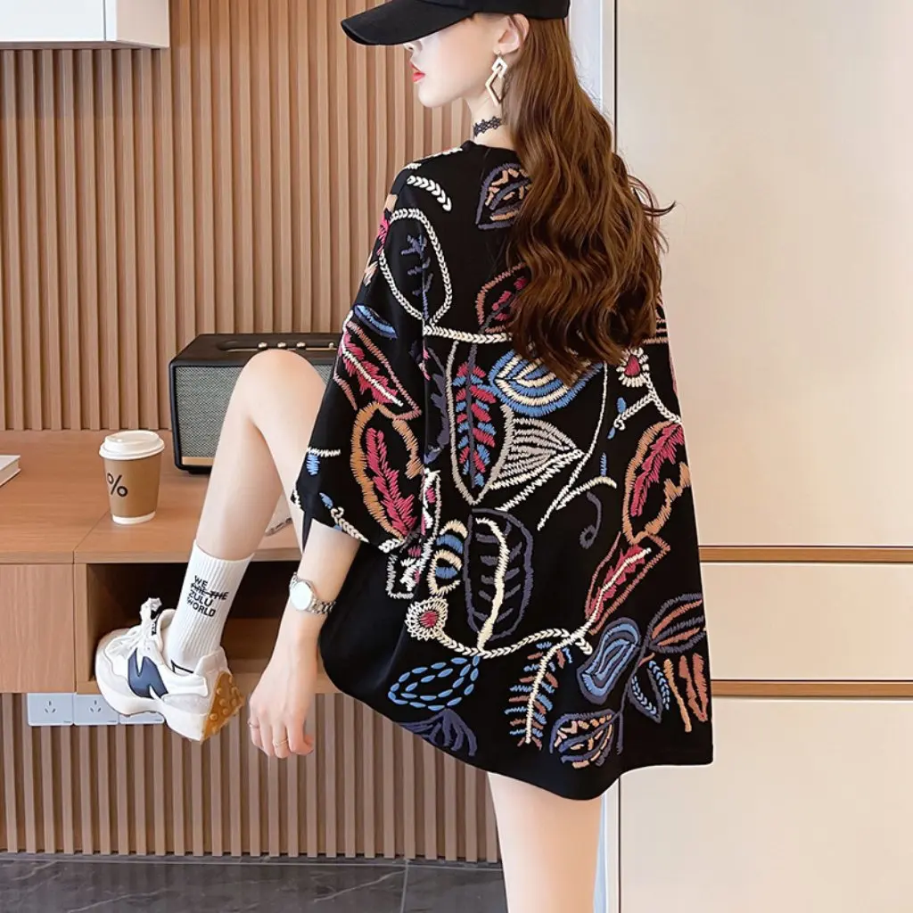 

Summer Korean-style Women's Cotton T-shirt Short-sleeved Printed Casual Top Fashion Mid-length Clothing for Ladies