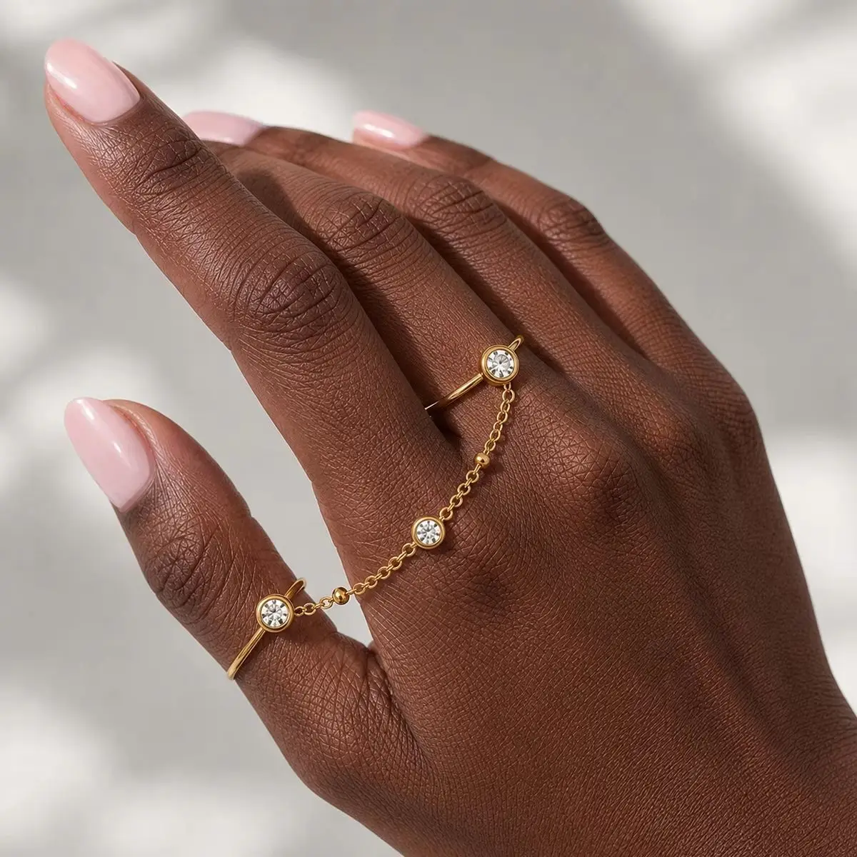 Stainless Steel Gold Color Double Finger Link Chain Rings for Women Luxury CZ Zircon Connecting Ring Fashion Jewelry Gifts