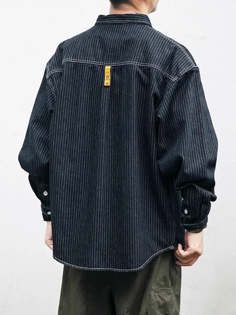 

Retro Striped Loose Fit Long Sve Collared Men's Denim irt Spring Faion Workwear Jaet Youthful Wear Resistant Chinese...