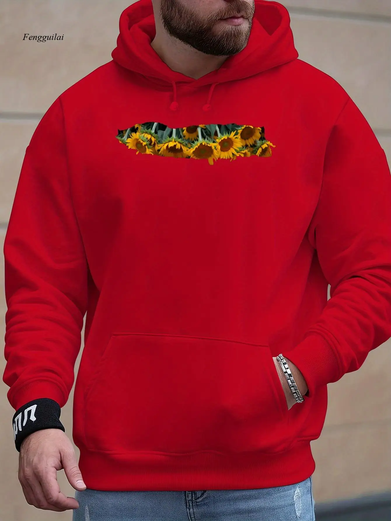 سويت شيرت بغطاء للرأس بطبعة عباد الشمس الحمراء - دفء شتوي مخملي ناعم، سترة صوفية كاجوال بتصميم زهور أسود وأصفر