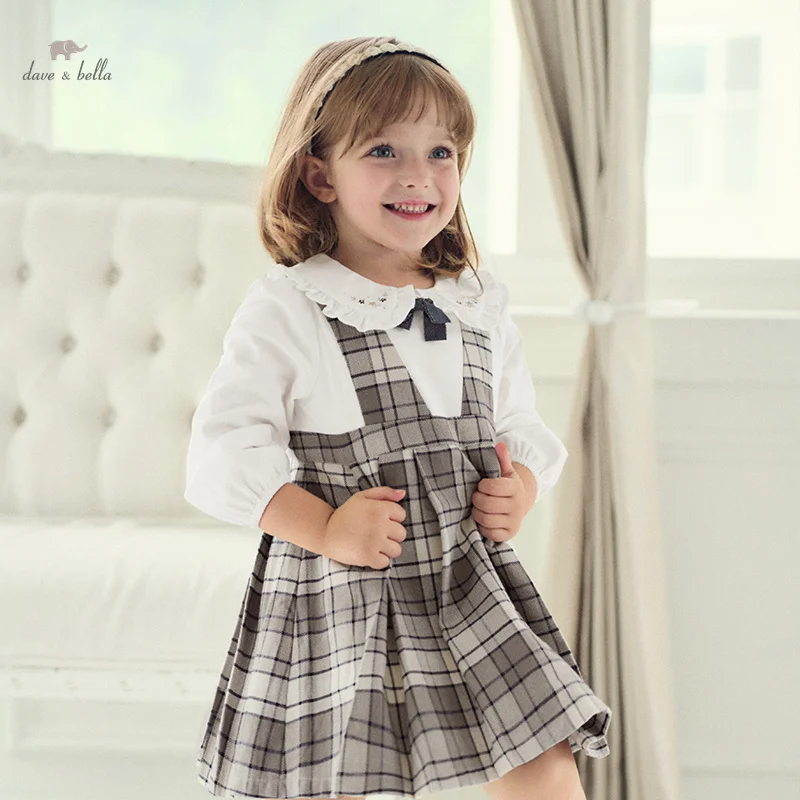 

Dave Bella Children's Dresses Spring Autumn Girls Cotton Skirts Gray White Plaid Sweet Outerwear Elegant Kids Clothing DB3241585