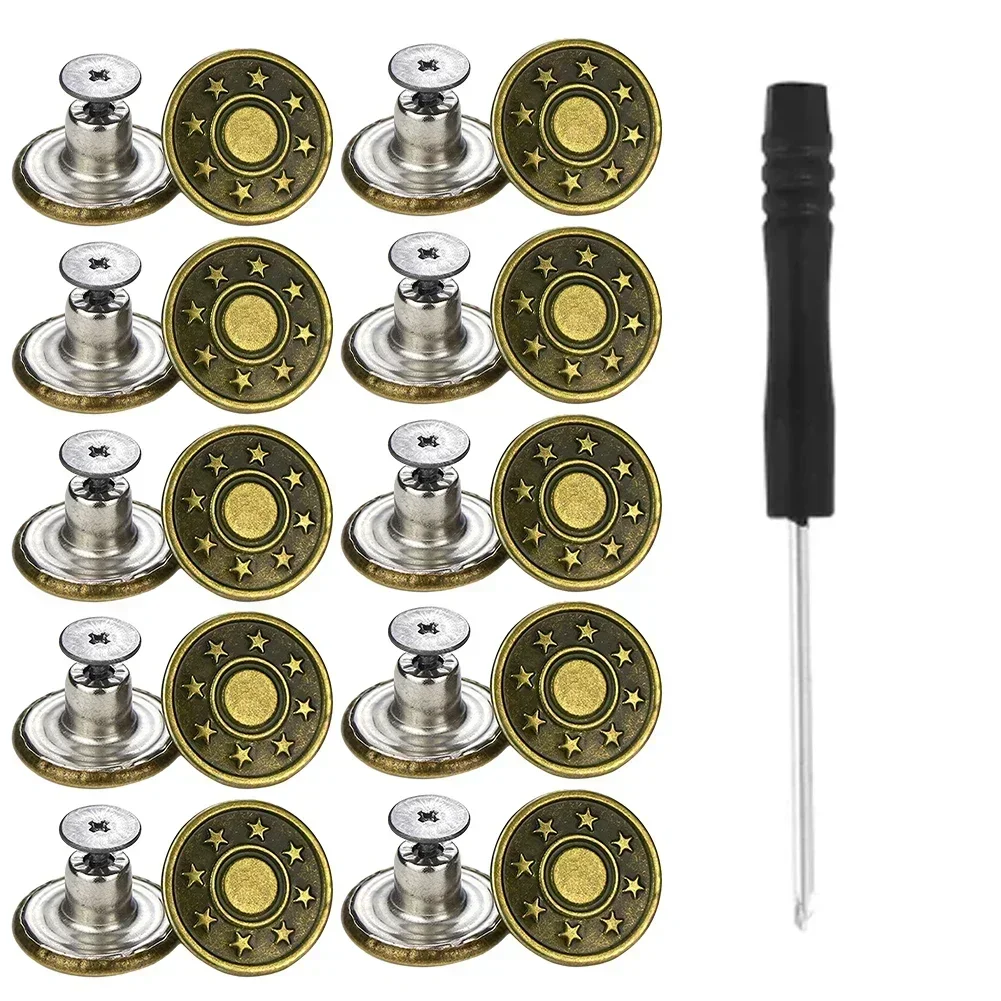 10pcs Replacement Jeans Buttons 17mm No-Sew Nailess Removable Metal Jeans Button W/ Repair Thread Rivets And Screwdrivers