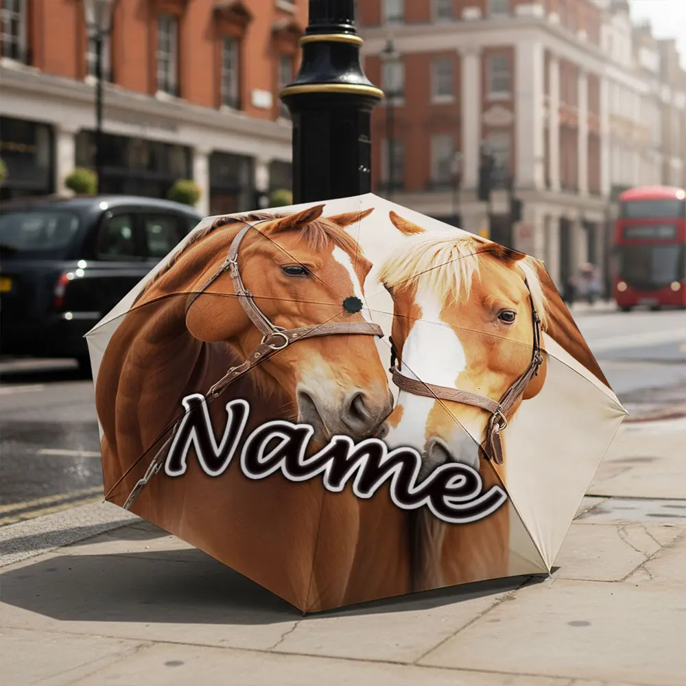 Custom Name Umbrella Two Brown Horses Realistic Animal Print Folding Umbrella Compact Portable Travel Parasol For Horse Lovers