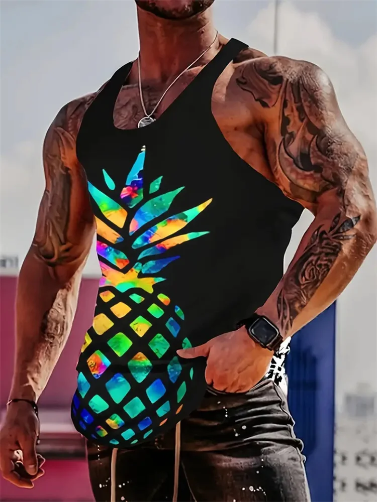 Herren Strandweste Hawaii Sommerurlaub Herren ärmelloses T-Shirt großer Ananas-Druck lässig locker Fitness-Blazer Unisex-Weste