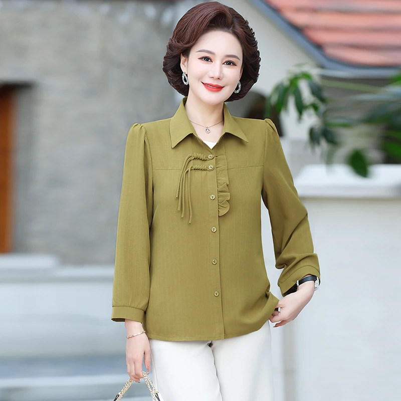 Solid Color Woven Buckle Plus Size Summer Short Sleeved Middle-aged And Elderly Mom Shirt Noble Temperament Linen Loose Fitting