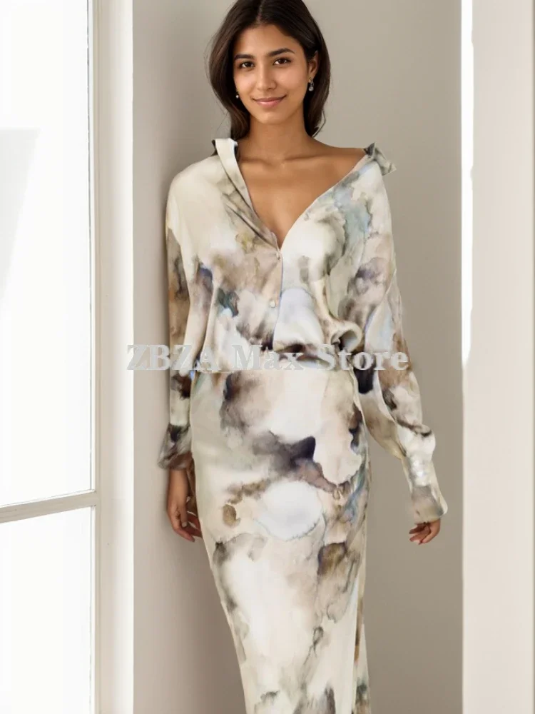 

New Women's Satin Tie-dye Blouse Dress Suit V-neck Lapel Collar Long Sleeves Shirt Vintage Slim Midi Skirt New Female Chic Set