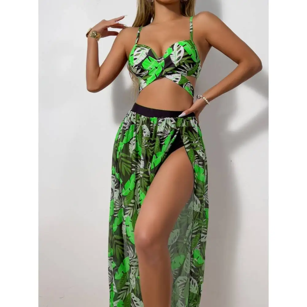 Cikini Sexy Bikinis Set Mesh Long Skirt Three Piece Set Split Swimsuit Summer Beach Swimwear Bathing Suit For Women