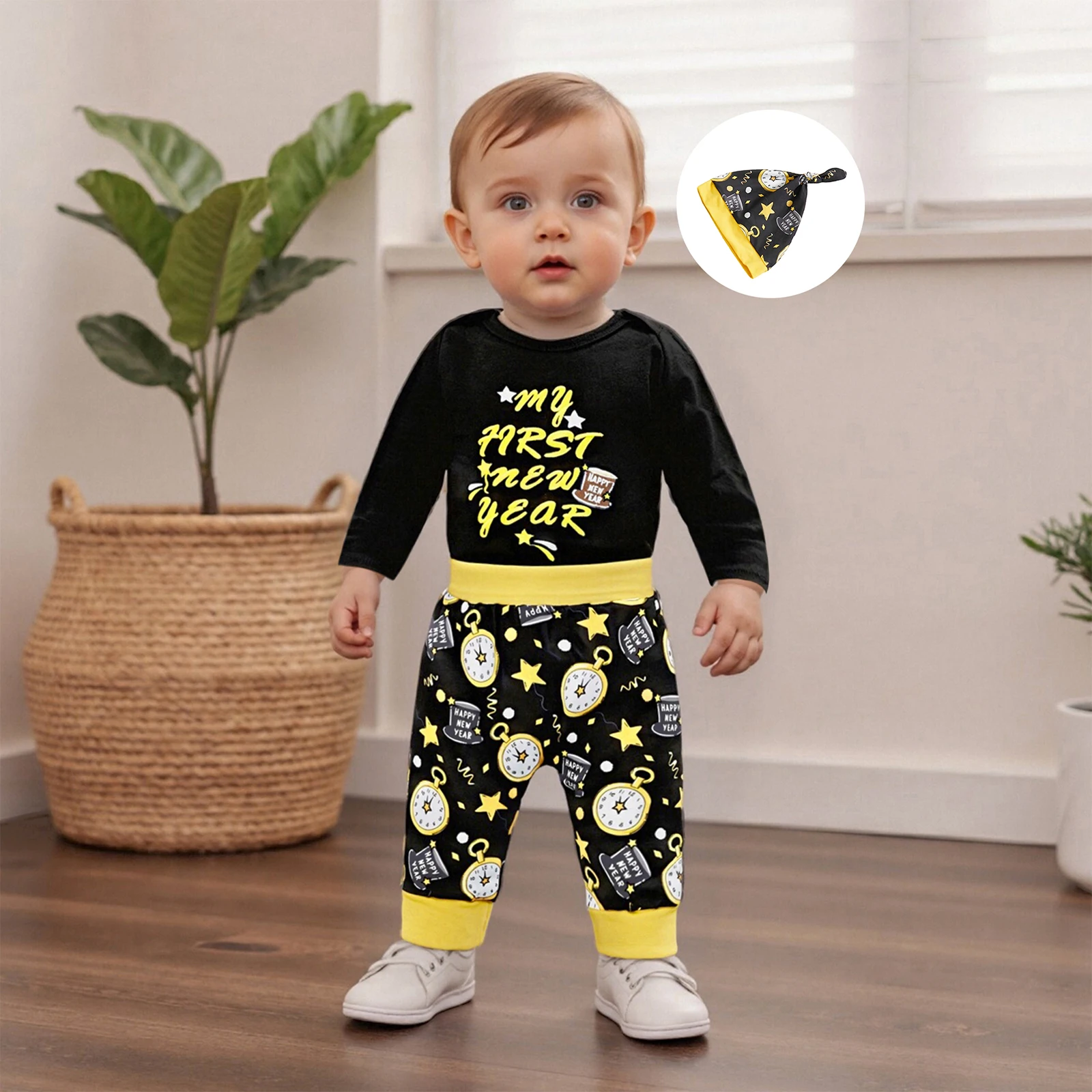 Baby Boys My First New Year Outfit Sets Long Sleeve Crew Neck Letter Print Romper Clock Print Pants Hat Baby Sets