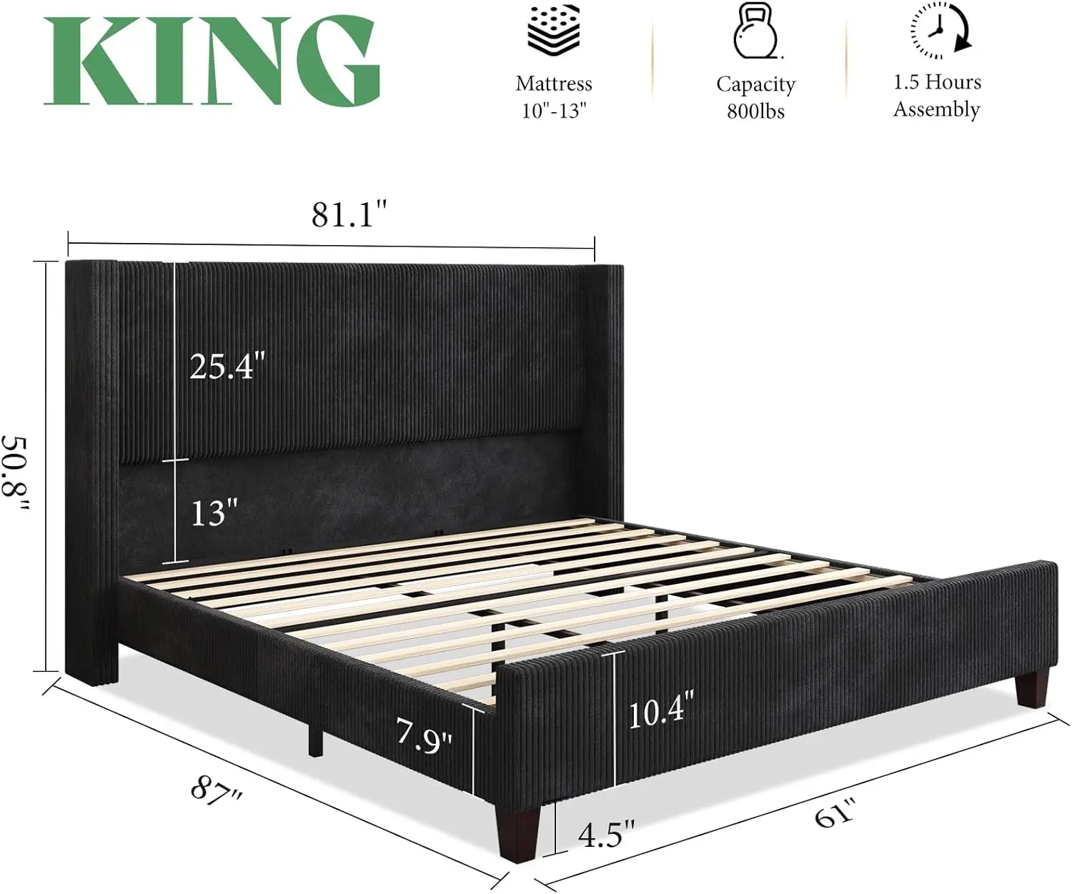 إطار سرير منجد مع سرير بمنصة أمامية طويلة 50.8 بوصة مع أرجل خشبية صلبة وشرائح خشبية سروال قصير/بدون صندوق زنبركي N
