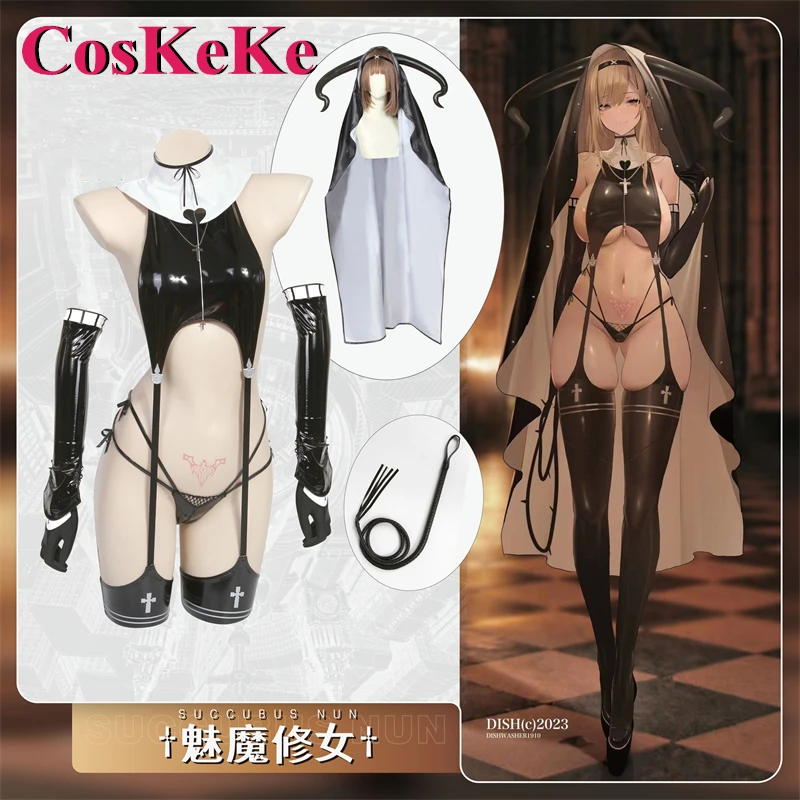 

CosKeKe Succubus Nun Cosplay Costume Demon Queen Black Patent Leather Combat Uniform Halloween Anime Party Role Play Clothing