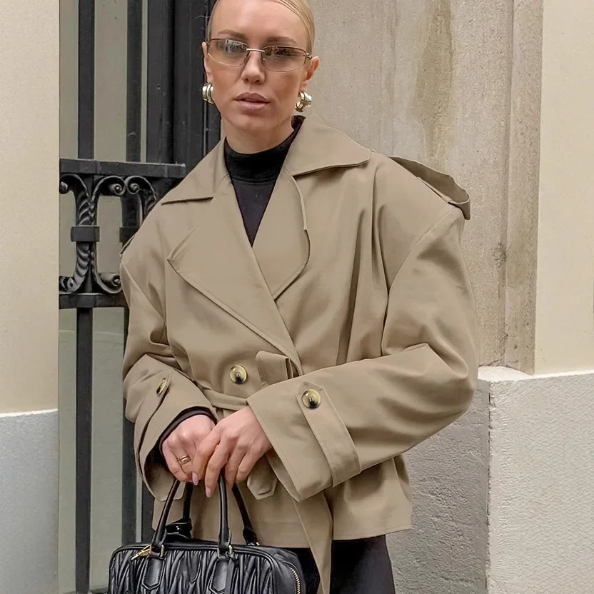 

2025 Women Fall Lace-up Cropped Trench Coat Fashion Lapel Long Sleeves Wide Shoulder Windbreaker Jacket Commuting Daily Jackets