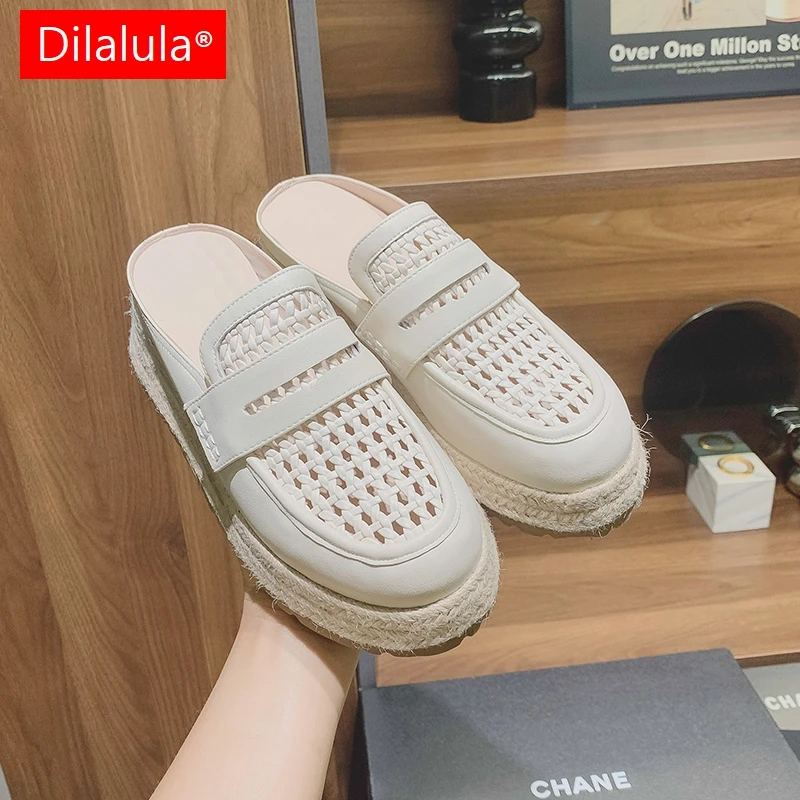 

Dilalula 2025 Genuine Leather Braided Mules Women Med Wedges Heels Breathable Summer Slippers Young Ladies Vacation Weave Shoes