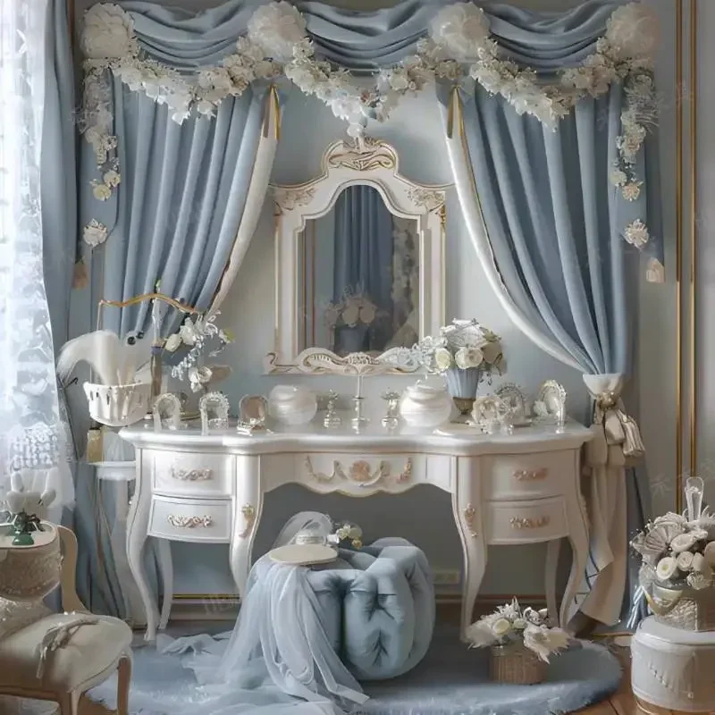 Luxury Storage Makeup Vanity Desk Glossy Hidden Mirror White Makeup Vanity Desk Modern Europa Komody Master Bedroom Furniture