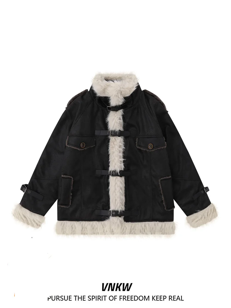 

Ретро американская замшевая куртка из меха ягненка Thiened Floing для мужчин и женщин, зимняя высококачественная хлопковая одежда для пар, декор на молнии...