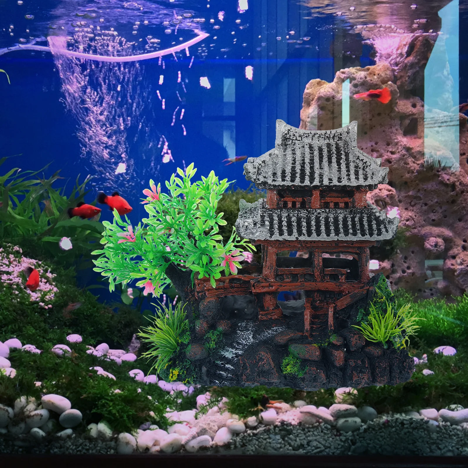 

Resin Artificial Pavilion Aquarium Ornament Delicate Decorative Aquarium Fish Tank Decor Desktop Accessory