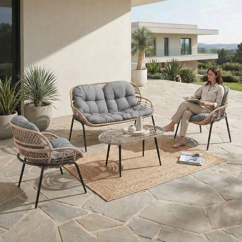 4-Piece rattan outdoor sofa set comfortable garden garden furniture with steel frame