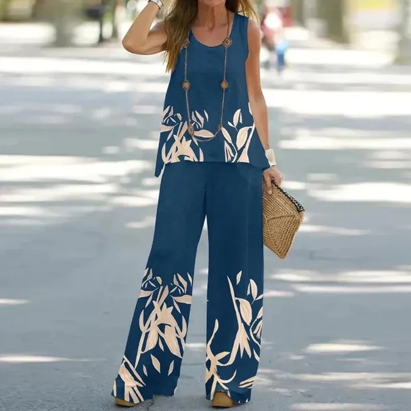 Women's Summer Sleeveless Printed High Waist Pants Set | Two Piece Matching Vest Top Casual Gradient Print Women's Clothing Set