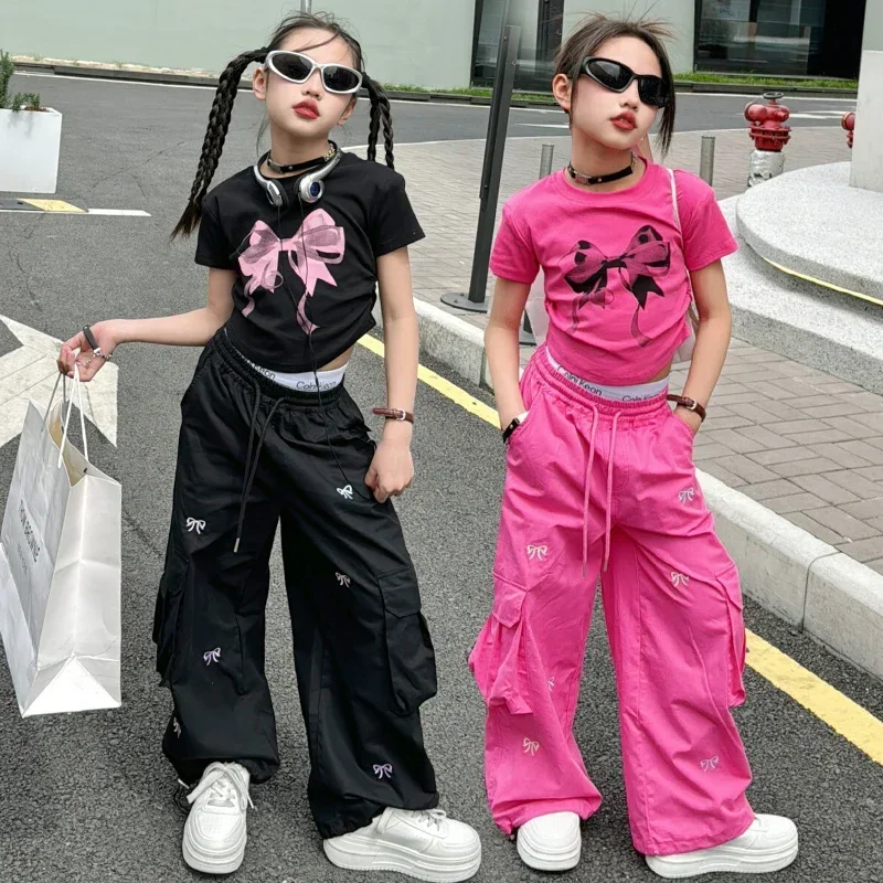 4 5 6 7 8 9 10 11 12 13 Year old Children' Suit Fashionable Girl Outfits Summer Costume Cotton T-shirt + work Pants Bow Sets