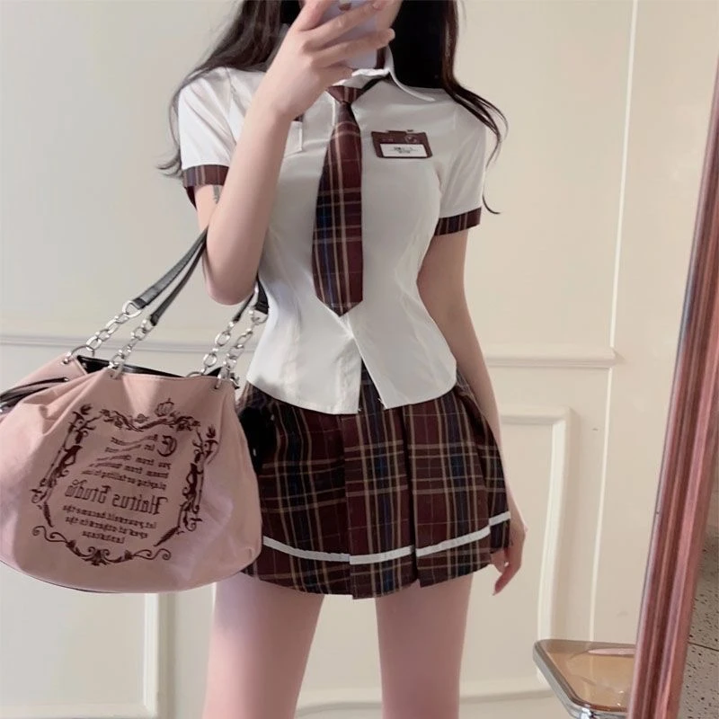 Japanese JK Uniform Set Women's Summer 2024 New Sweet and Spicy Girl Waist Retraction Shirt White Slim Plaid Pleated Skirt Brown