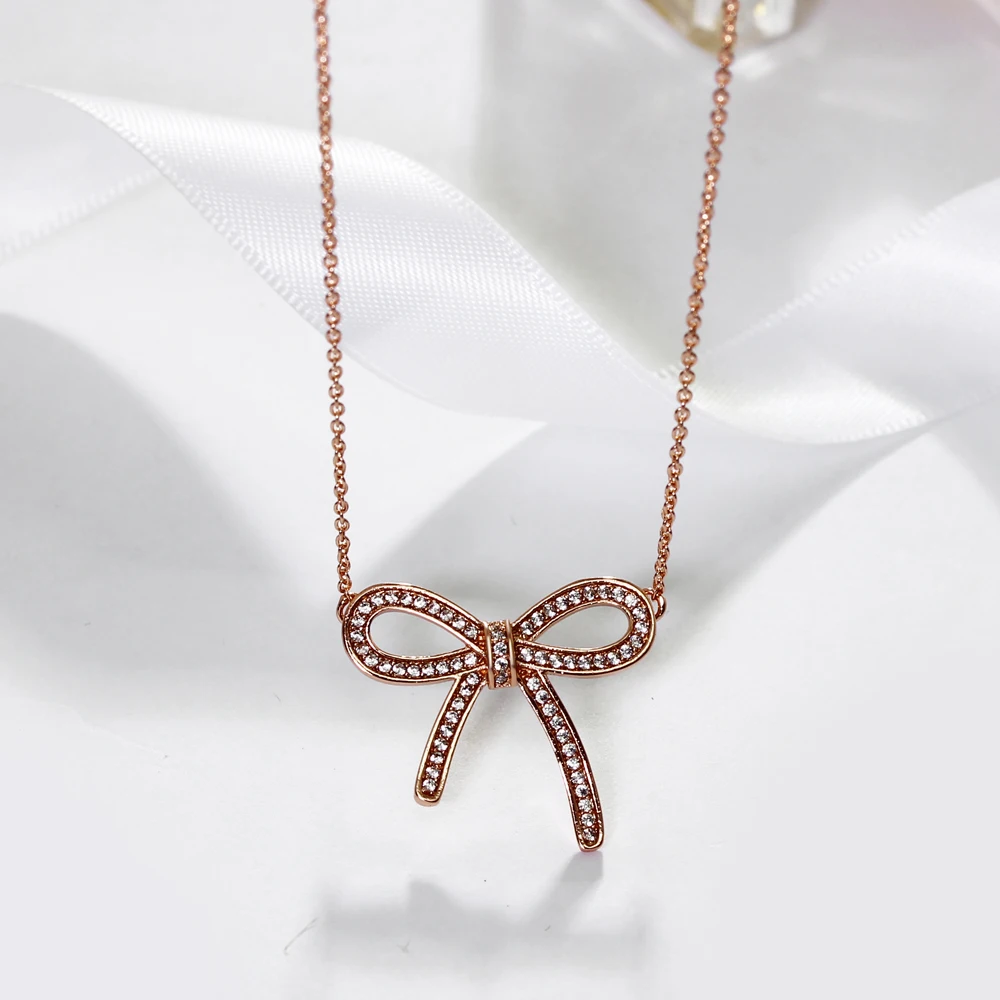 

Lovely Gift Rose Gold-color Cubic zircon Charms for women Very cute Bow necklace pendant