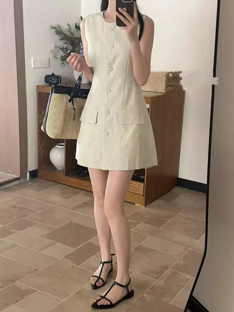 Liangliang Home Small Fraance Sle Single Button Svel Vest Dr Women Summer New Waist Cinching A-Line ort Skirt